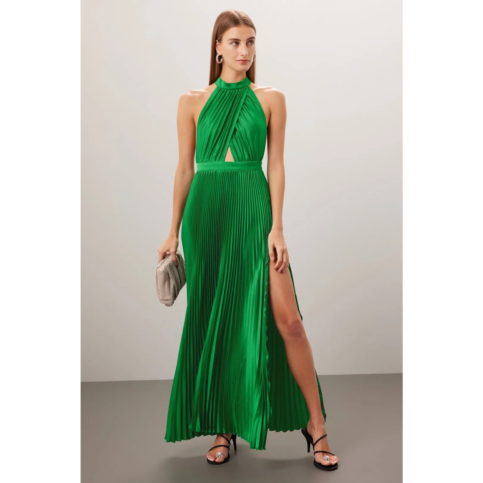 L’idee Sz10 Emerald Green Pleated Satin Halter Renaissance Cocktail Evening Gown